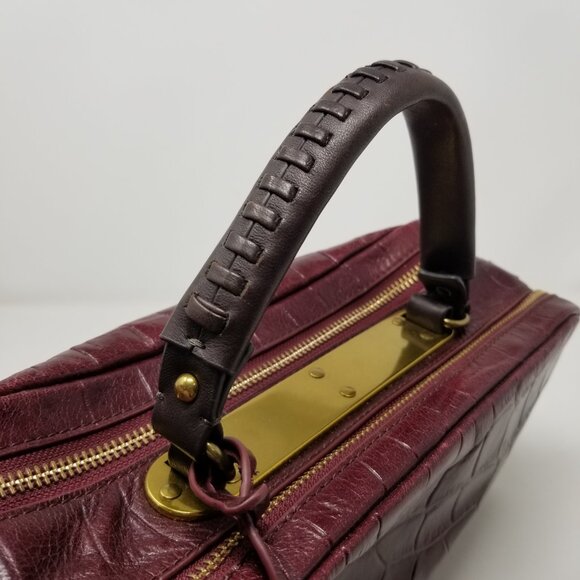 Badgley Mischka Dark Burgundy Red Faux Croc Embossed Leather & Brown Handbag - Picture 12 of 16